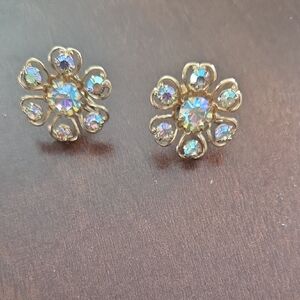 Gold and Iridescent Crystal Flower Clip On Earrings